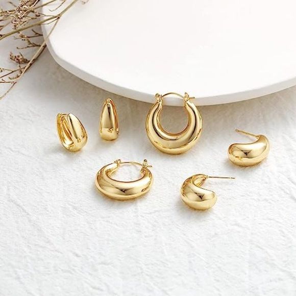 Women,  3 Pairs Chunky Gold Hoop 14k Gold Plated Dainty Gold Earrings Sets - Picture 2 of 3